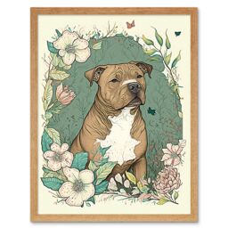 "Artery8 Wall Art Print Brown Staffordshire Bull Terrier & Flowers Modern Pastel Boho Art Framed in Light Oak - Size: W12"" x H16""" - thumbnail 1