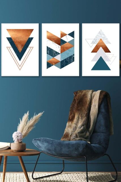 ARTZE Set of 3 White Framed Mid Century Teal Orange Abstract Geometric Wall Art - Size: W33 cm x H45 cm x D20mm - image 1
