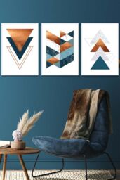 ARTZE Set of 3 White Framed Mid Century Teal Orange Abstract Geometric Wall Art - Size: W33 cm x H45 cm x D20mm