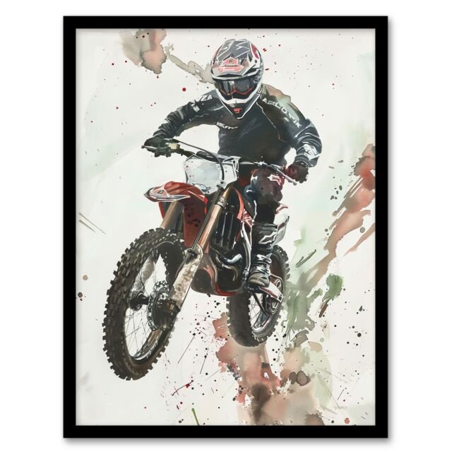 "Artery8 Motocross Racer Sport Action Shot Watercolour Framed Art Print in Grey - Size: W12"" x H16""" - image 1