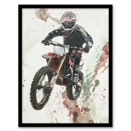 "Artery8 Motocross Racer Sport Action Shot Watercolour Framed Art Print in Grey - Size: W12"" x H16""" - thumbnail 1