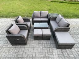Fimous 9 Seater Rattan Garden Furniture Set Patio Outdoor Lounge Sofa Set with Rectangular Coffee Table 3 Footstools Love Sofa Side Table in Dark Grey - thumbnail 1