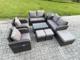 Fimous 9 Seater Rattan Garden Furniture Set Patio Outdoor Lounge Sofa Set with Rectangular Coffee Table 3 Footstools Love Sofa Side Table in Dark Grey - thumbnail 2