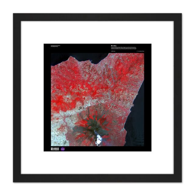 Artery8 Science Map Satellite Mount Etna Volcano Sicily Replica 8X8 Inch Square Wooden Framed Wall Art Print Picture with Mount in Black - image 1