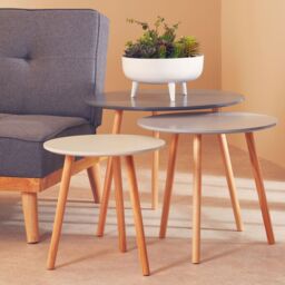Orsina Durable Set of 3 Round Tables, Triangular Coffee Tables Set, Long Lasting Rounded Top Wood Table for Indoor in Grey - thumbnail 1