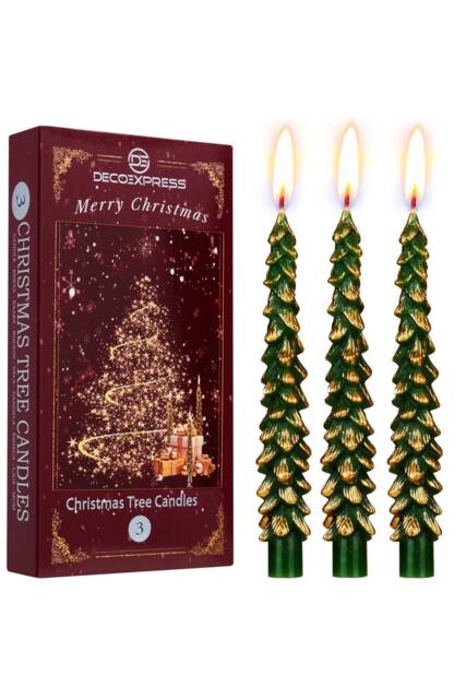 Deco Express Christmas Tree Candles Set of 3 Dinner Candles 7 Hr Burn Xmas Gift Set in Green - image 1