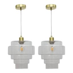 First Choice Lighting Set of 2 Benson - 5 Tier Glass & Satin Brass Ceiling Pendant Lights in Clear - thumbnail 1