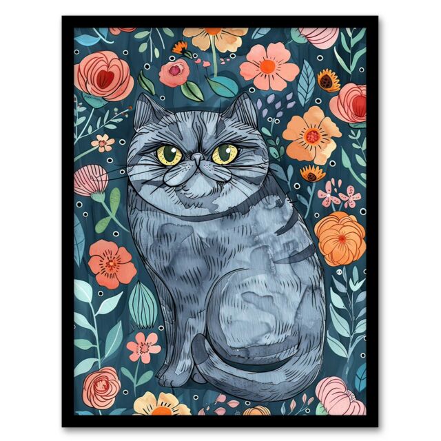 "Artery8 Grumpy Blue Exotic Shorthair Cat Floral Portrait Framed Wall Art - Size: W12"" x H16""" - image 1