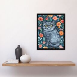 "Artery8 Grumpy Blue Exotic Shorthair Cat Floral Portrait Framed Wall Art - Size: W12"" x H16""" - thumbnail 4