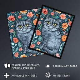 "Artery8 Grumpy Blue Exotic Shorthair Cat Floral Portrait Framed Wall Art - Size: W12"" x H16""" - thumbnail 2