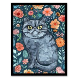 "Artery8 Grumpy Blue Exotic Shorthair Cat Floral Portrait Framed Wall Art - Size: W12"" x H16""" - thumbnail 1