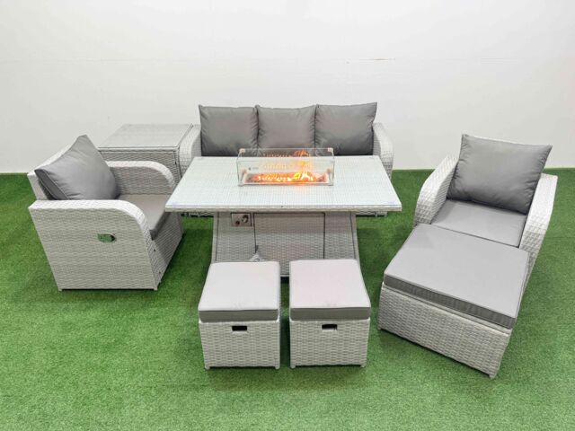 Fimous PE Rattan Garden Furniture Set Reclining Chair Sofa Lounge Sofa Set Firepit Dining Table Side Table 3 Stools Light Grey - image 1