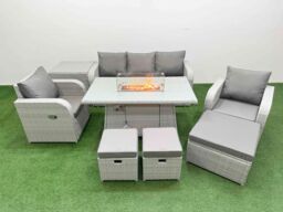 Fimous PE Rattan Garden Furniture Set Reclining Chair Sofa Lounge Sofa Set Firepit Dining Table Side Table 3 Stools Light Grey - thumbnail 2