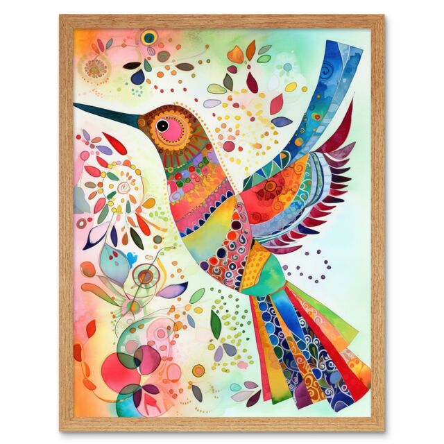 "Artery8 Wall Art Print Hummingbird With Multicolour Pattern Feathers Folk Art Watercolour Painting Art Framed in Light Oak - Size: W12"" x H16""" - image 1