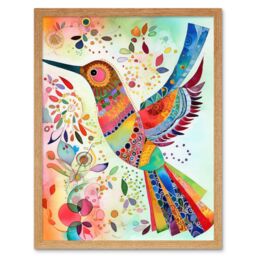 "Artery8 Wall Art Print Hummingbird With Multicolour Pattern Feathers Folk Art Watercolour Painting Art Framed in Light Oak - Size: W12"" x H16""" - thumbnail 1