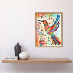 "Artery8 Wall Art Print Hummingbird With Multicolour Pattern Feathers Folk Art Watercolour Painting Art Framed in Light Oak - Size: W12"" x H16""" - thumbnail 2