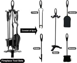 MANTRARAJ Fireside 5pc Fire Companion Set for Log Burners with Stand Cotswold Black Iron Fireplace Fire Tools - thumbnail 3