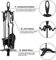 MANTRARAJ Fireside 5pc Fire Companion Set for Log Burners with Stand Cotswold Black Iron Fireplace Fire Tools - thumbnail 5