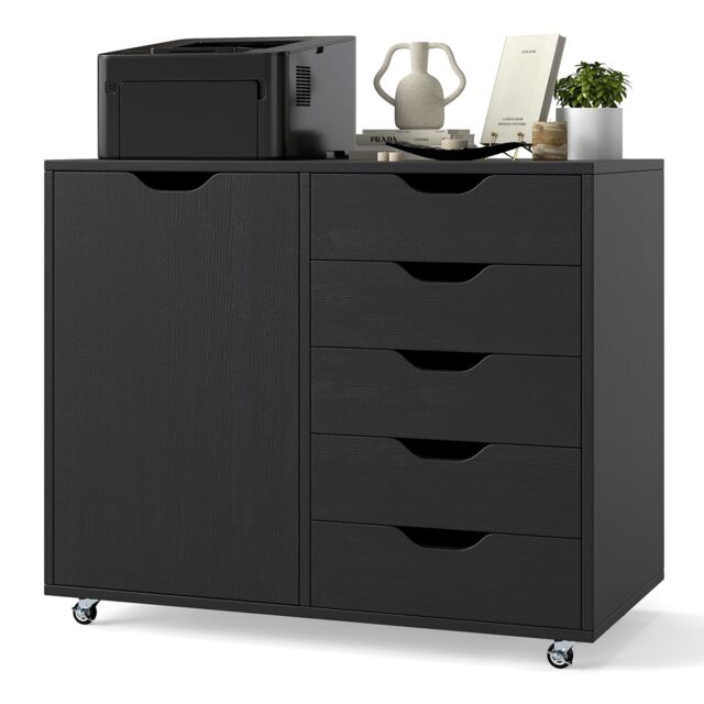 Costway 5-Drawer Chest Mobile Chest of Drawers with Adjustable Shelf in Black - image 1