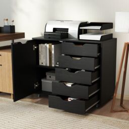 Costway 5-Drawer Chest Mobile Chest of Drawers with Adjustable Shelf in Black - thumbnail 5