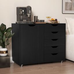 Costway 5-Drawer Chest Mobile Chest of Drawers with Adjustable Shelf in Black - thumbnail 3