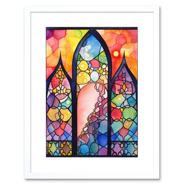 "Artery8 Wall Art Print Stained Glass Window Folk Art Abstract Artwork Framed 9X7 Inch in White - Size: W7"" x H9""" - image 1