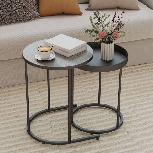 HOMCOM Nesting Side Table Set of 2, Industrial Round Nest of Tables in Grey - image 1