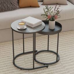 HOMCOM Nesting Side Table Set of 2, Industrial Round Nest of Tables in Grey - thumbnail 1