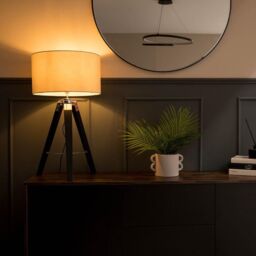 ValueLights Clipper Black Wood Tripod Table Lamp with Medium Natural Shade - thumbnail 3