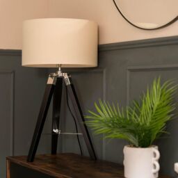 ValueLights Clipper Black Wood Tripod Table Lamp with Medium Cream Shade