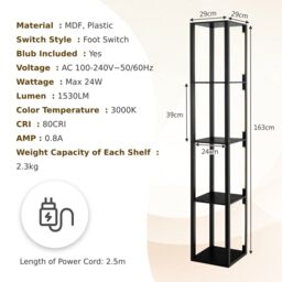Costway Floor Lamp with Shelves Tall standing Light with 3-Levet Dimmable LED Bulbs in Black - thumbnail 2