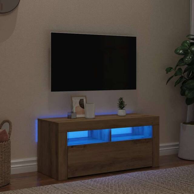 Berkfield Home TV Cabinet with LED Lights Artisan Oak 90x35x40 cm Engineered Wood - Size: 90 x 35 x 40 cm - image 1