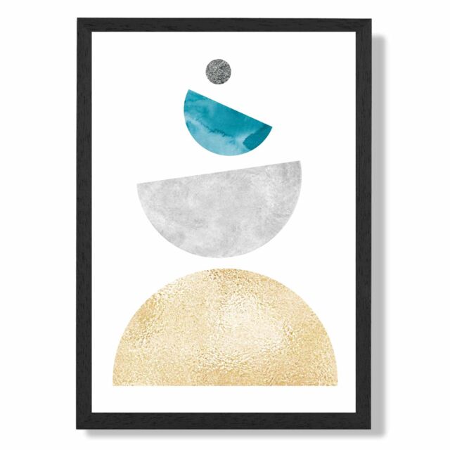 ARTZE Aqua & Yellow Semi Circles Mid Century Geometric Framed Print SIZE: A3 with Black Frame - Size: A4 - image 1