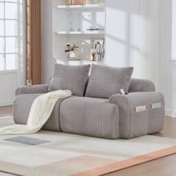 BTM Modular 2 Seater Corduroy Sofa Cup Holders Light Grey