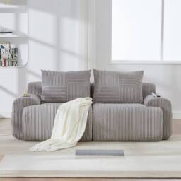 BTM Modular 2 Seater Corduroy Sofa Cup Holders Light Grey - thumbnail 4