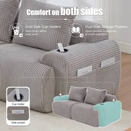 BTM Modular 2 Seater Corduroy Sofa Cup Holders Light Grey - thumbnail 7