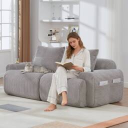 BTM Modular 2 Seater Corduroy Sofa Cup Holders Light Grey - thumbnail 9