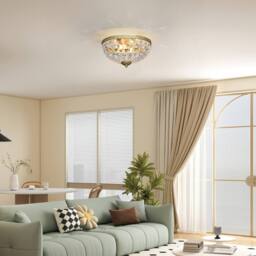 HOMCOM Chandelier Crystal Ceiling Light with E14 Base 2-Lights in Gold - Size: 35 cm diameter x 21 cm high
