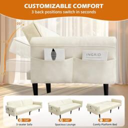Alivio 3-in-1 Convertible Velvet Sofa Bed, Adjustable Futon Couch with Detachable Arms in Cream - thumbnail 3
