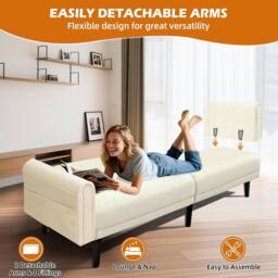 Alivio 3-in-1 Convertible Velvet Sofa Bed, Adjustable Futon Couch with Detachable Arms in Cream - thumbnail 5
