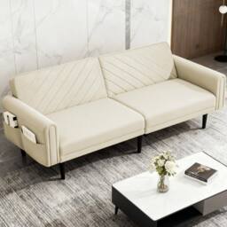 Alivio 3-in-1 Convertible Velvet Sofa Bed, Adjustable Futon Couch with Detachable Arms in Cream - thumbnail 2