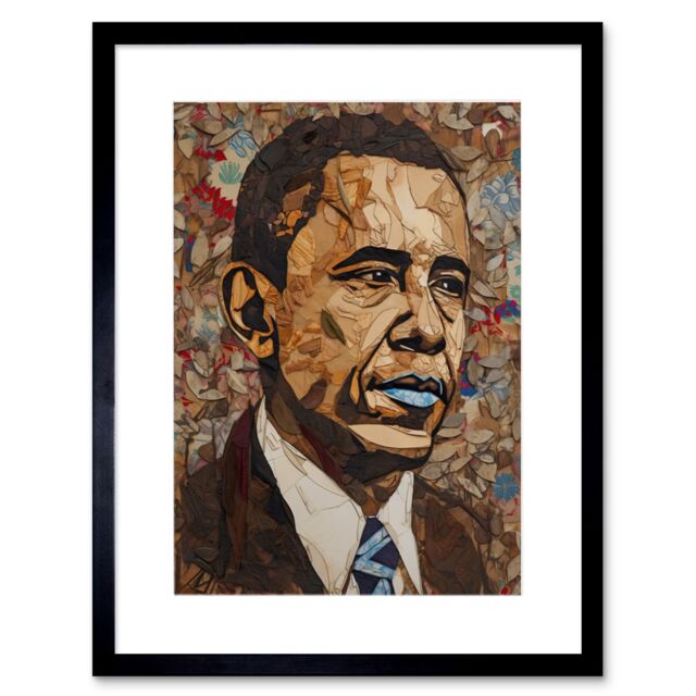 "Artery8 Wall Art Print Barack Obama Collage Art Portrait Artwork Framed 9X7 Inch in Black - Size: W7"" x H9""" - image 1