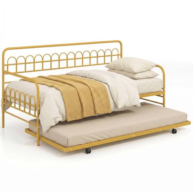 Costway Single Daybed with Trundle Metal Sofa Bed w/Curved Backrest in Gold - image 1