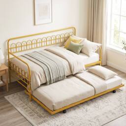 Costway Single Daybed with Trundle Metal Sofa Bed w/Curved Backrest in Gold - thumbnail 4