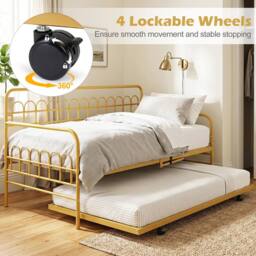 Costway Single Daybed with Trundle Metal Sofa Bed w/Curved Backrest in Gold - thumbnail 6