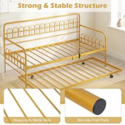 Costway Single Daybed with Trundle Metal Sofa Bed w/Curved Backrest in Gold - thumbnail 9