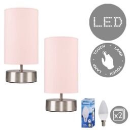 ValueLights Francis Pair of Brushed Chrome Dimmable Touch Table Lamps with Bulbs in Dusty Pink - thumbnail 4