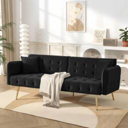 Merax Velvet Sofa Bed with Independent Backrests & Adjustable Armrests in Black