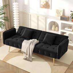 Merax Velvet Sofa Bed with Independent Backrests & Adjustable Armrests in Black - thumbnail 4