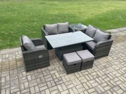 Fimous 7 Seater Rattan Furniture Garden Dining Set Outdoor Height Adjustable Rising lifting Table Love Sofa Chair in Dark Grey - thumbnail 2